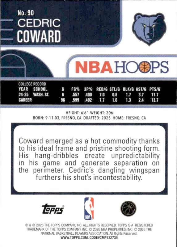 2026 Topps NBA Hoops Cedric Coward RC Rookie Grizzlies #90