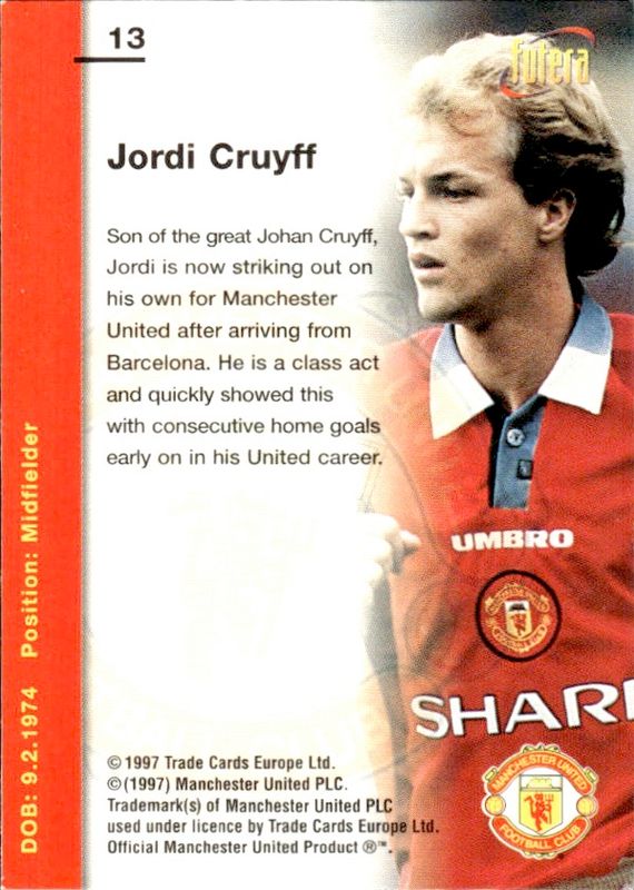 1997 Futera Manchester United Soccer Card JORDI CRUYFF 