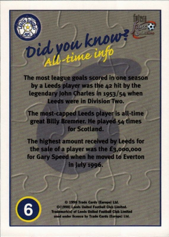 Leeds United 1998 Futera Fans Selection Team Puzzle Cards 1-9 set
