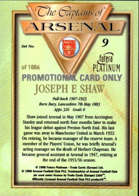 Hovedbilde 1998 FUTERA CAPTAINS OF ARSENAL JOSEPH SHAW ...