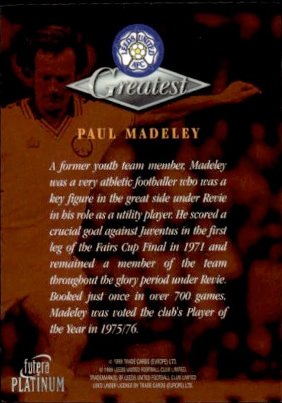 1999 Futera Platinum Leeds United Greatest Paul Madeley 22 CARAT GOLD GILDED EDGES