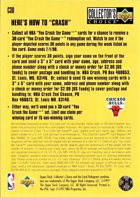 Michael Jordan #C30 Nov 24-30 Upper-Deck CC 1997-98 Crash the Game 
