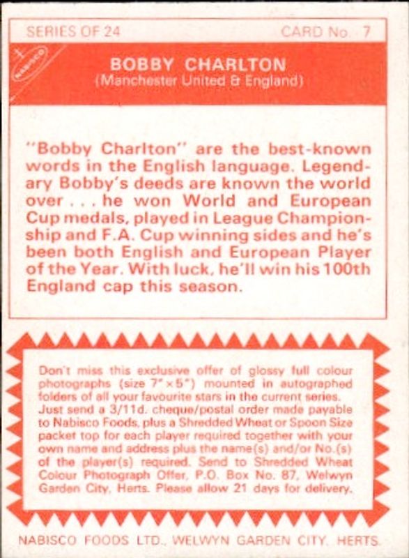 NABISCO Foods 1970 Football Bobby Charlton Manchester United England #7!
