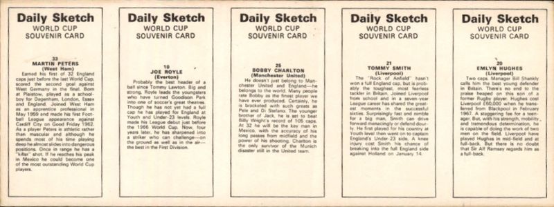1970 World Cup Souvenirs 5 Card Panels Emlyn Hughes Bobby Charlton