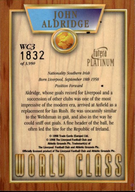 Main Image JOHN ALDRIDGE FUTERA 1998 WORLD CLASS-WC3 ...