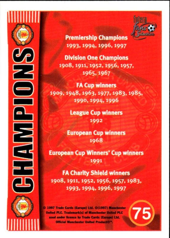 1997 Futera Fans Selection Manchester United Ryan Giggs Champions #75