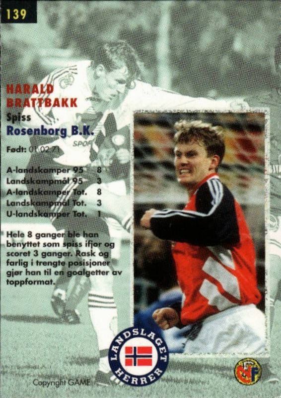 1996 GAME Tippe Ligaen Fotballkort HARALD BRATTBAKK #139