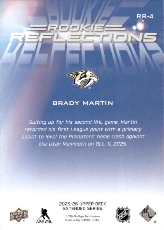 BRADY MARTIN 25/26 2026 Upper Deck Rookie Reflections Insert #RR-4 Predators