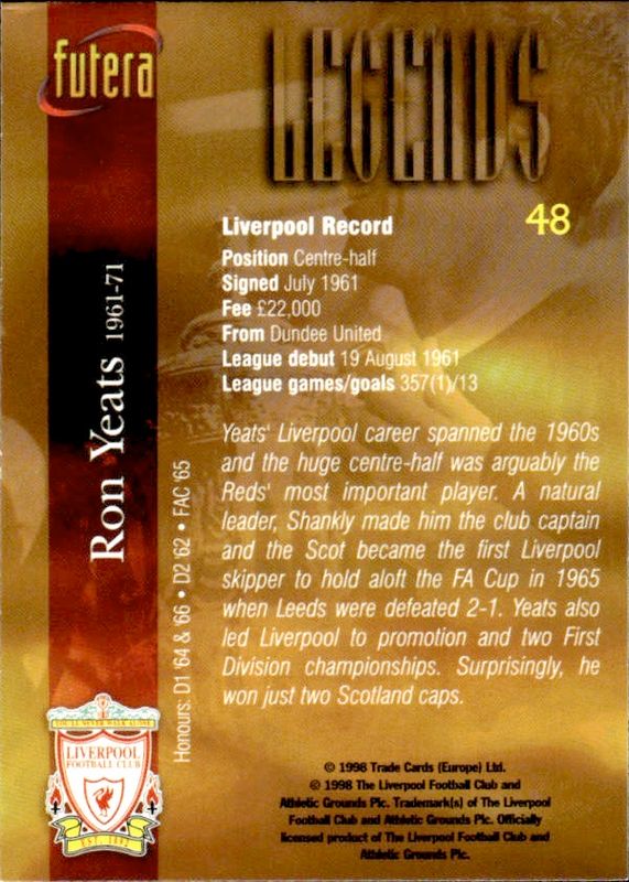 RON YEATS 1998 Futera Soccer Card LIVERPOOL #48