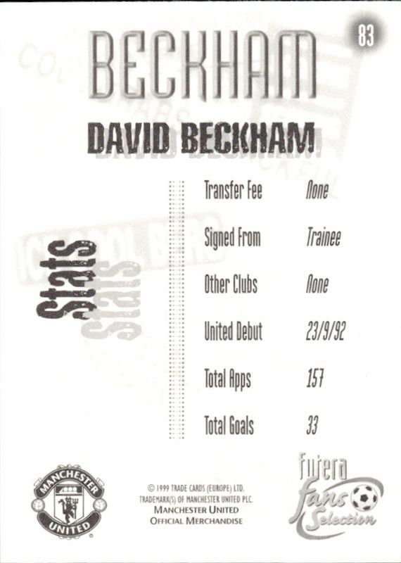 1999 Futera Fans Selection Manchester United Stats David Beckham #83