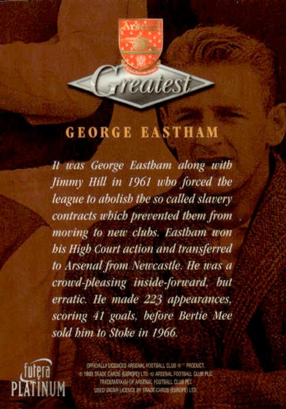 1999 Futera Platinum Arsenal Greatest George Eastham 22 CARAT GOLD EDGES