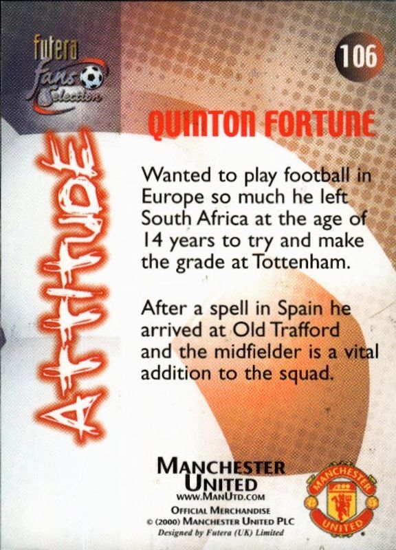 2000 Futera Fans Selection Manchester United Attitude Quinton Fortune #106