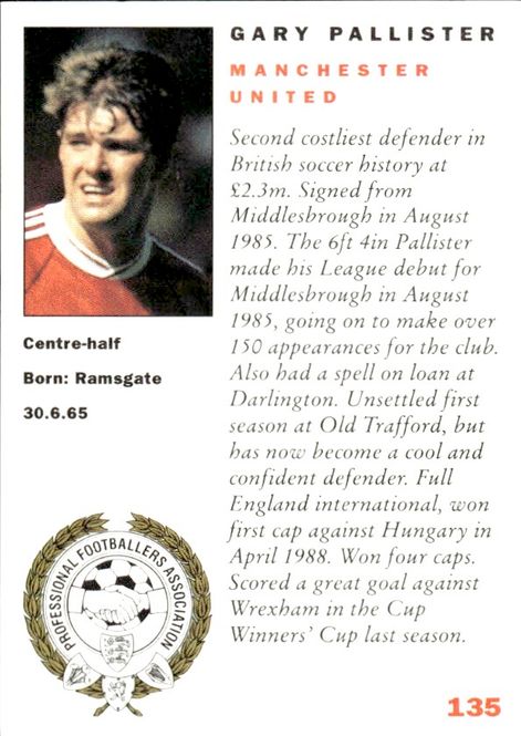 Hovedbilde Gary Pallister 1992 PANINI Players collection ...