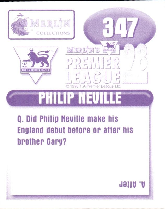 Merlin Premier League 1998 Sticker 347 Manchester United PHILIP NEVILLE