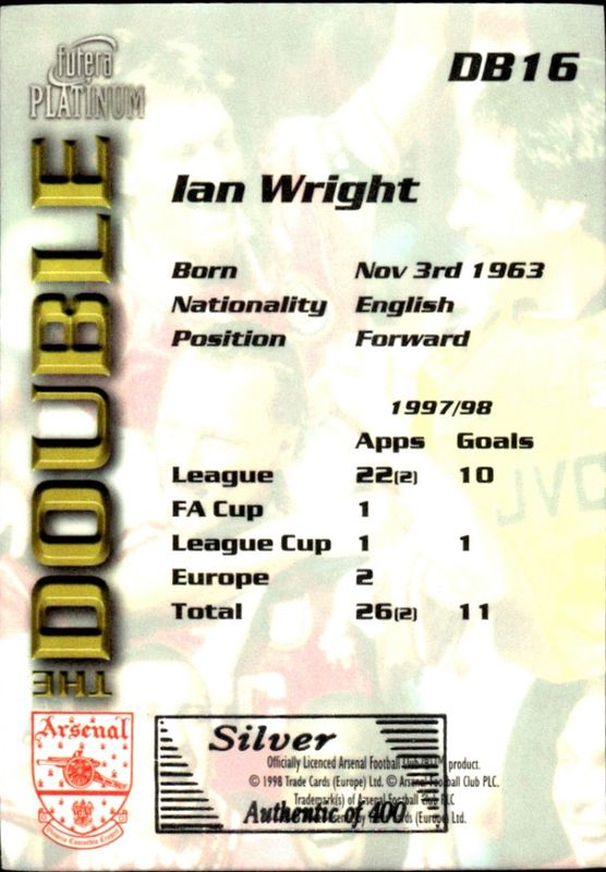 1998 Futera Platinum Arsenal The Double Silver /400 IAN WRIGHT #DB16