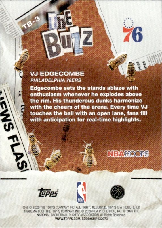 Topps 2026 NBA Hoops The Buzz TB-3 VJ Edgecombe Rookie Insert 76ers 