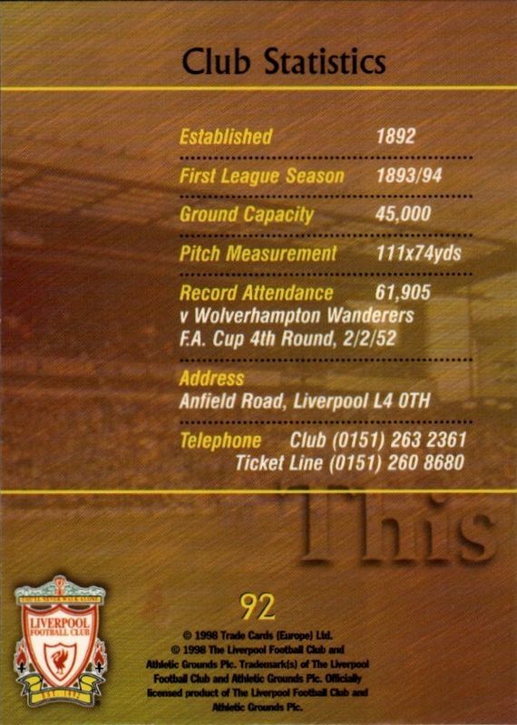 Futera 1998 3 Card Subset THIS IS ANFIELD Liverpool FC