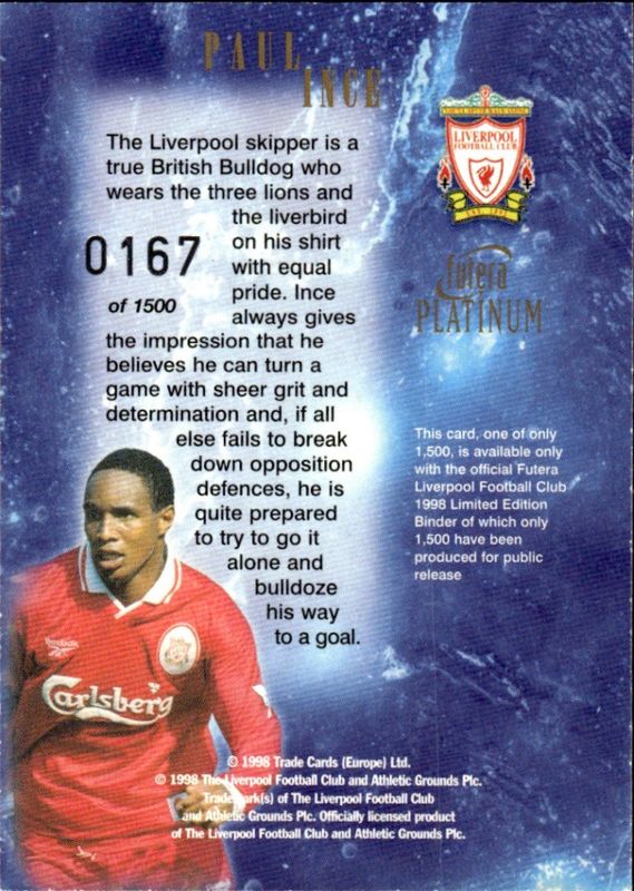 1998 Futera Liverpool Binder Edition #167/1500 Paul Ince NOT MINT SEE PICTURES