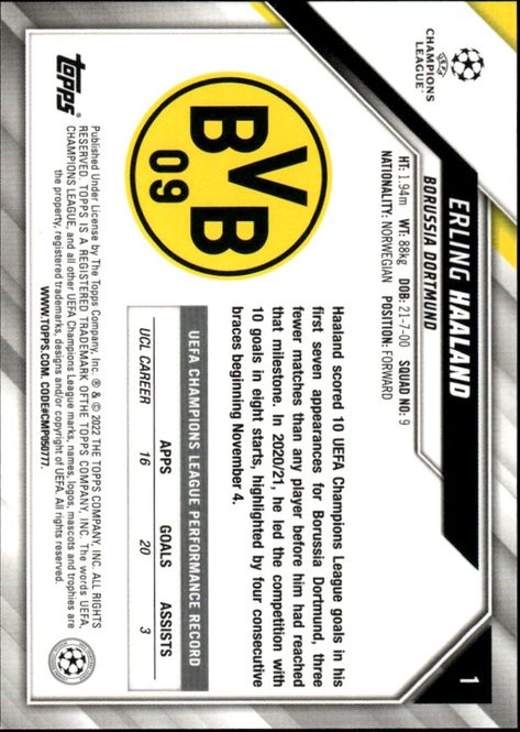 Hovedbilde 2021-22 Topps UEFA Champions League NO.1 Erling ...