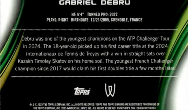 2025 Topps Chrome Tennis Aqua Refractor#138/199 #282 Gabriel Debru RC