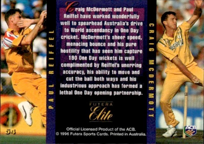 1996 Futura Elite Cricket Card Partners in Action #54 Reiffel/McDermott 