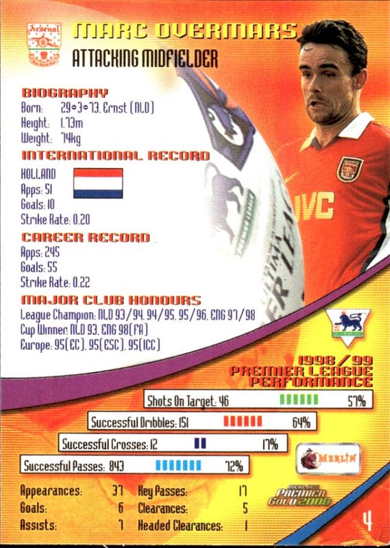 MARC OVERMARS 1999-00 Merlin Premier Gold Soccer Card ARSENAL #4
