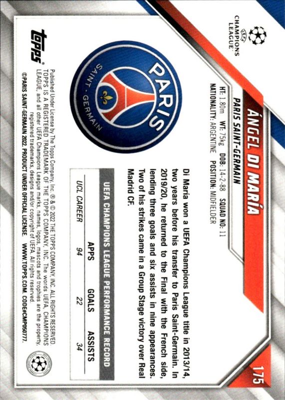 2022 Topps Champions League Angel Di Maria Base Paris Saint-Germain #175