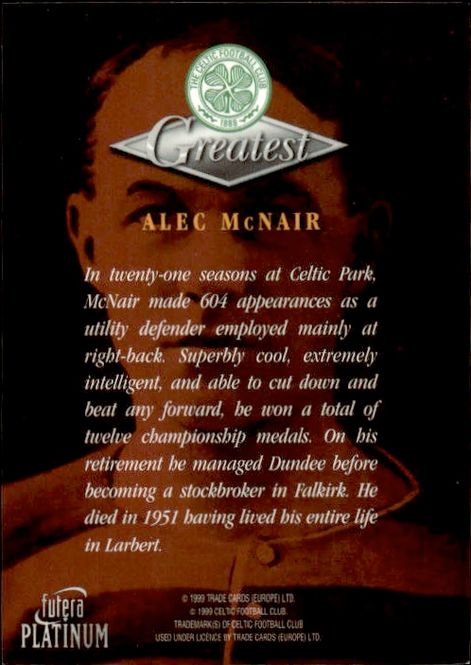 Main Image 1999 Futera Platinum Celtic Greatest Alec McNair ...