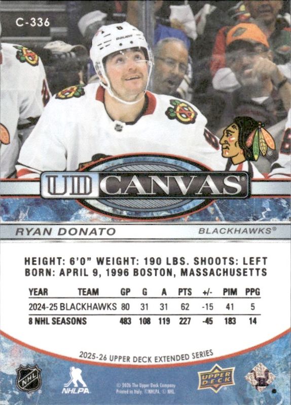 2025-26 UD Extended Series Hockey UD Canvas C-336 Ryan Donato Blackhawks NHL