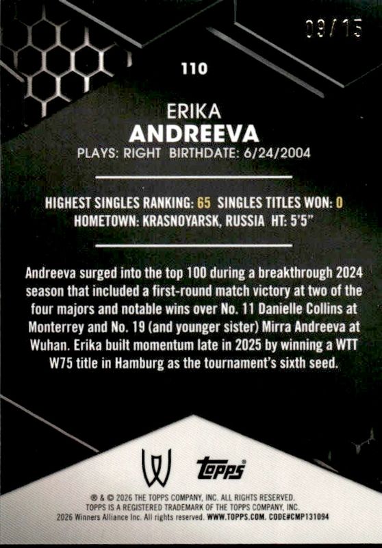 Erika Andreeva 2026 Topps Graphite Tennis Card #110 Pink Parallel Refractor #09/15