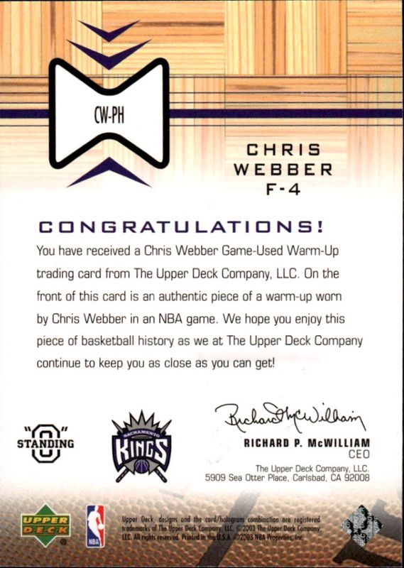 Chris Webber 2003-04 Upper Deck Standing O #CW-PH Swatch (MEM) Sacramento Kings