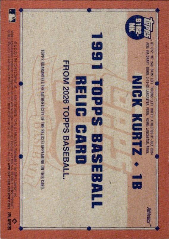 2026 Topps Series 2 Nick Kurtz Gold Relic #20/50, 1991 Topps Design 