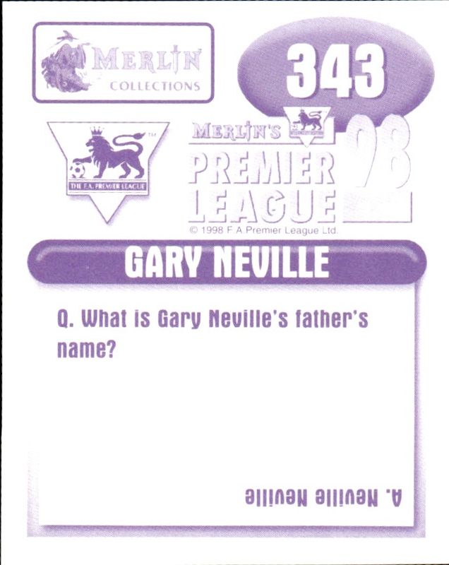 Merlin Premier League 1998 Sticker 343 Manchester United GARY NEVILLE