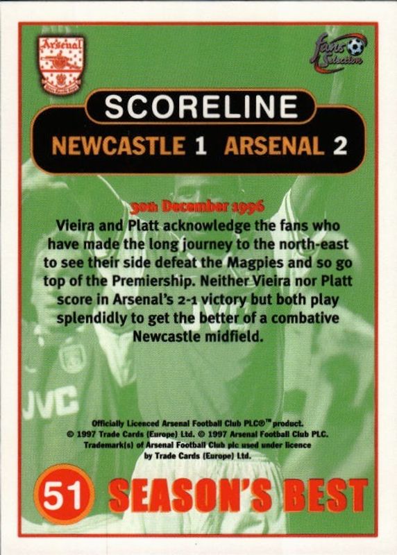 Futera Arsenal Fans Selection 1997-98 Season’s Best - 51 Newcastle 1 Arsenal 2
