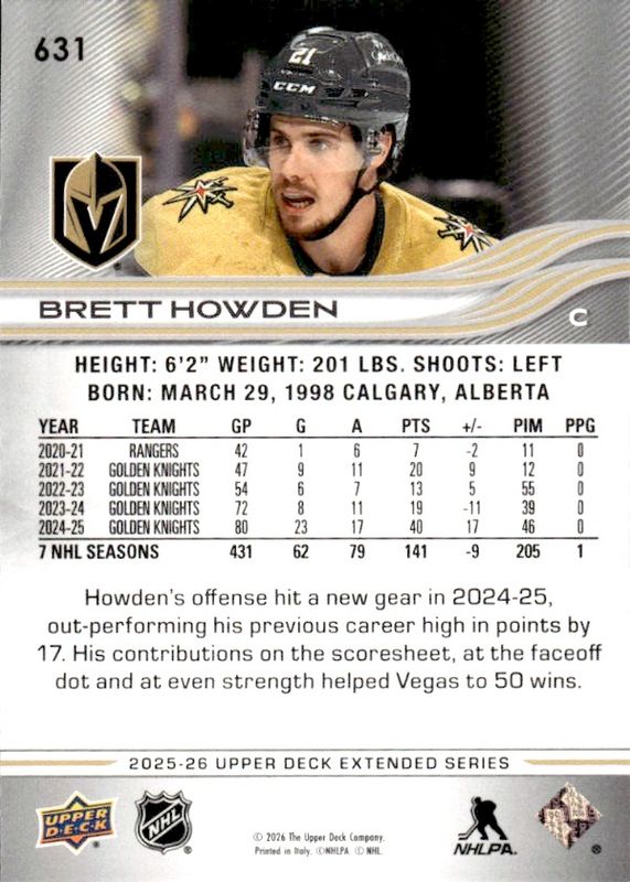 2025-26 Upper Deck Extended Series Brett Howden Vegas Golden Knights