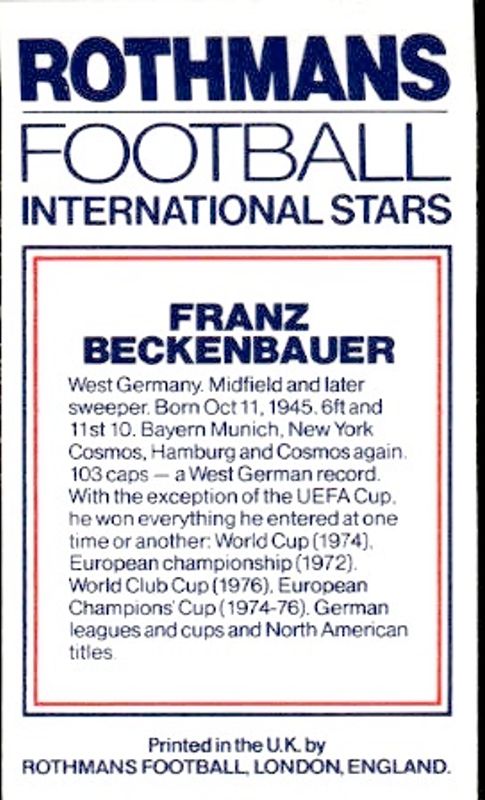 1984 Rothmans Football International Stars Franz Beckenbauer GERMANY