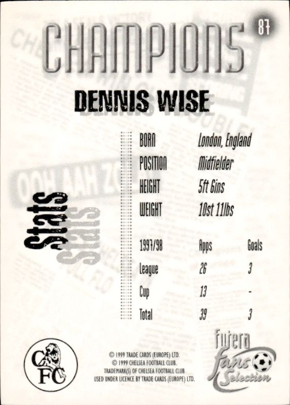 Futera Fans Selection 1999 Chelsea FC #87 Dennis Wise 22 CARAT GOLD EDGES /100