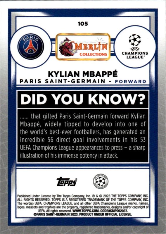 KYLIAN MBAPPE TOPPS MERLIN 2023 SILVER REF #105