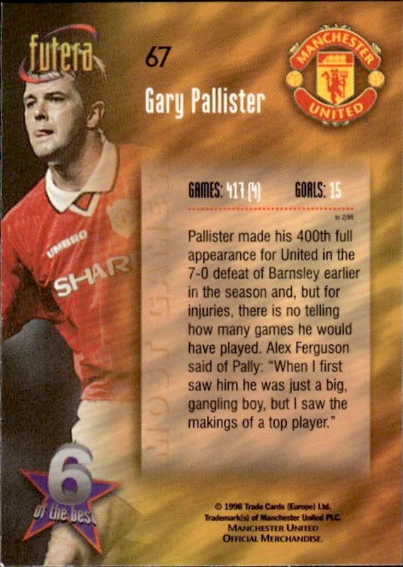 1998 Futera Manchester United 6 of the Best Gary Pallister #67
