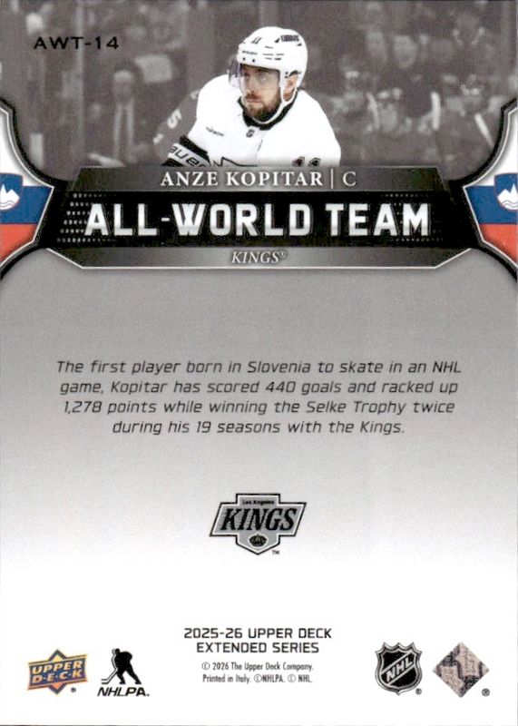 Upper Deck 2025-26 Extended Series All-World Team Anze Kopitar Kings #AWT-14