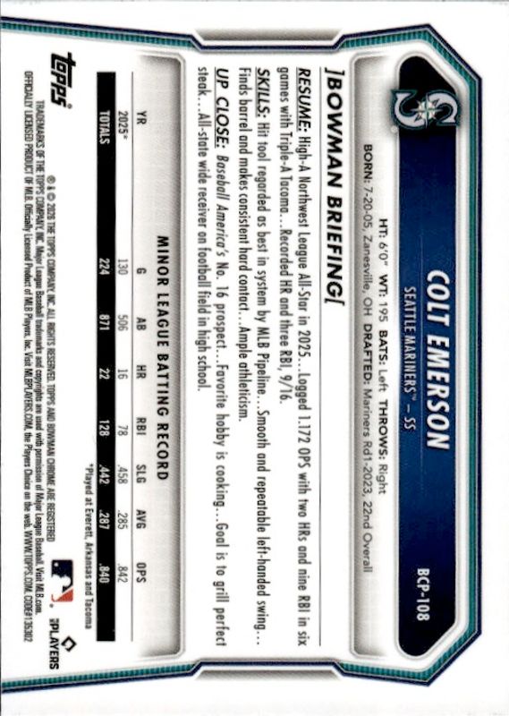 2026 Bowman Chrome Colt Emerson X-Fractor #BCP-108 Seattle Mariners