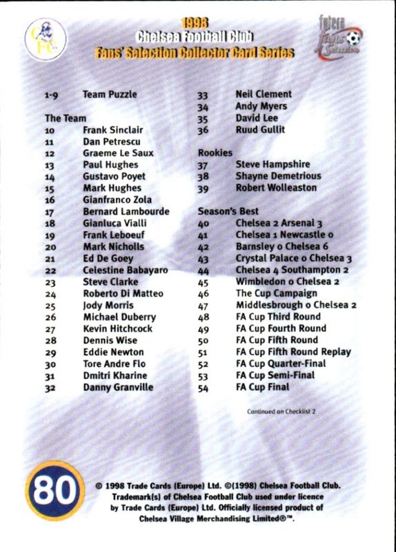 1998 FUTERA FANS SELECTION - CHECKLIST No 1 - CHELSEA No 80