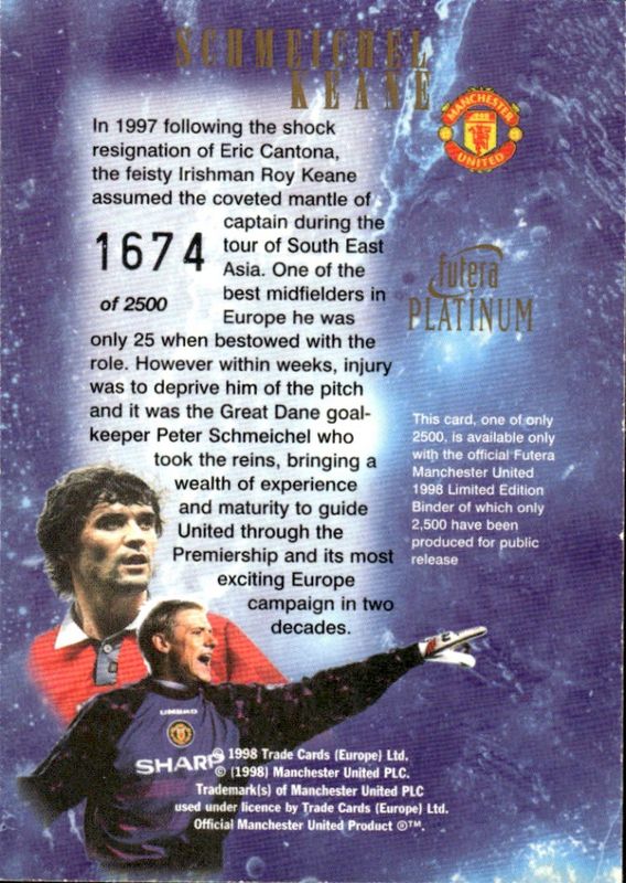 PETER SCHMEICHEL AND ROY KEANE BINDER CARD 1998 #1674/2500