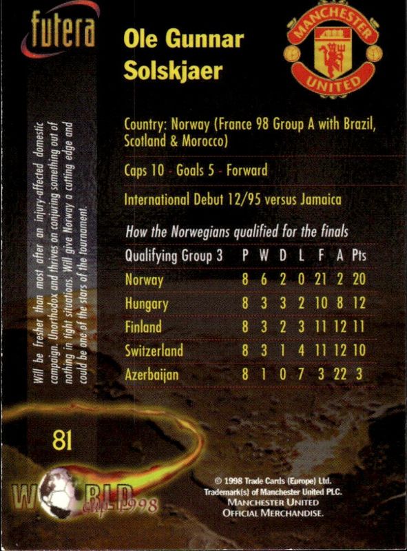 1998 Futera Manchester United World Cup Ole Gunnar Solskjaer #81