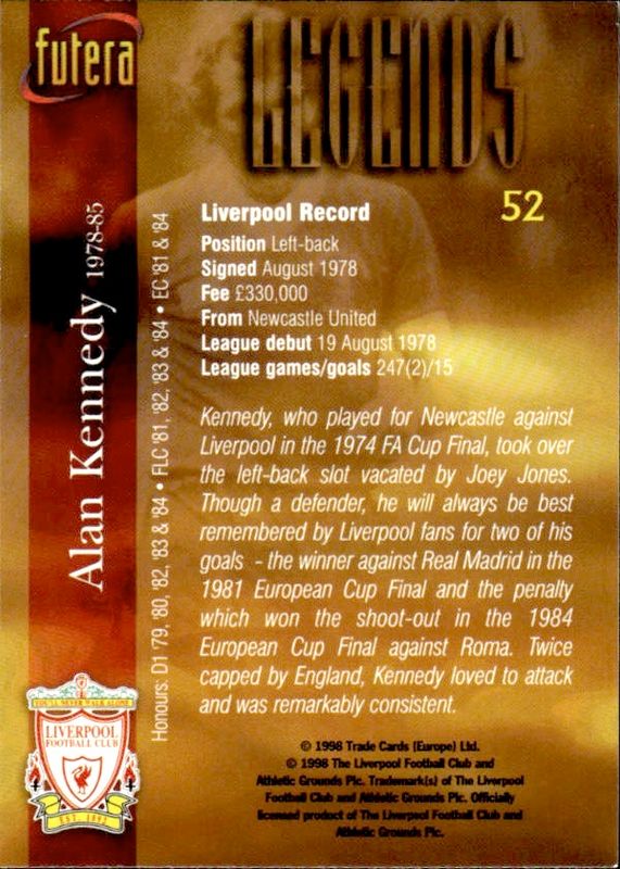 ALAN KENNEDY 1998 Futera Soccer Card LIVERPOOL #52