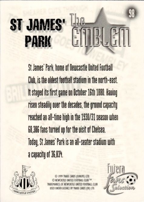 Main Image 1999 Futera Fans Selection The Emblem Newcastle ...