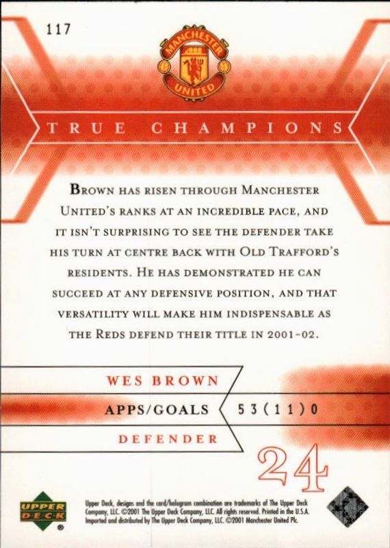 2001-02 Upper Deck Manchester United True Champions Wes Brown #117 Rookie RC 