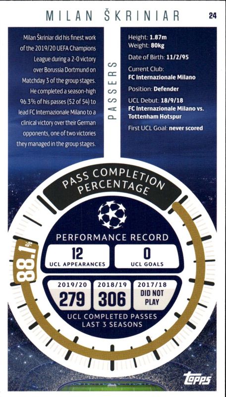 TOPPS Best of the Best Champions League 2020/21 #24 Milan SKRINIAR Passers