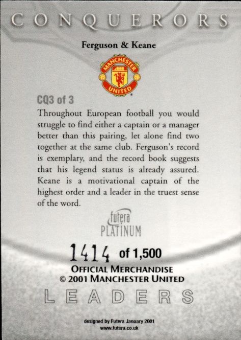 Main Image 2001 3 CARD SETT CQ1-3 Futera Manchester United ...