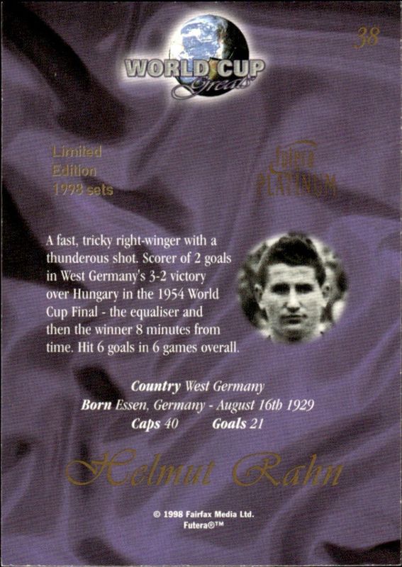 Futera Platinum World Cup Greats 1998 Helmut Rahn No 38